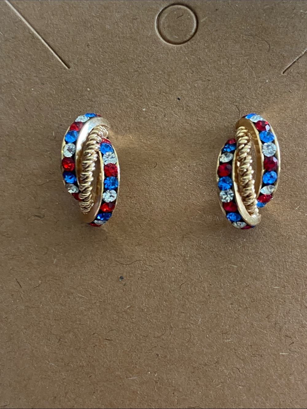 4th of July Red, White, Blue Crystal Goldtone elegant earrings.